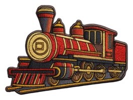 Colorful embroidered steam engine design on fabric, cut out - stock . png