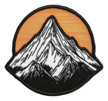 Mountain patch with sunset background design, cut out - stock . png