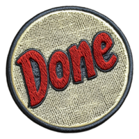 Patch with the word Done in bold red lettering, cut out - stock . png