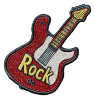 Embroidered patch of a guitar with rock on text, cut out - stock . png