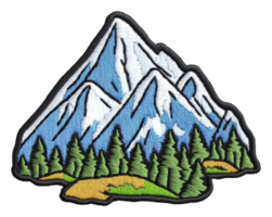 Vibrant mountain scene with snow and trees, cut out - stock . png