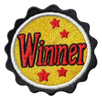 Yellow winner badge with red text, cut out - stock . png