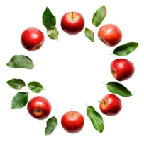 Red apples arranged in a circle with green leaves, cut out - stock . png
