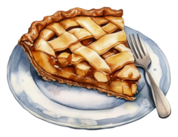Delicious apple pie slice on a plate with fork, cut out - stock . png