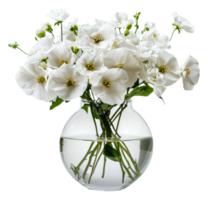 White flowers in a clear vase on a bright surface, cut out - stock . png