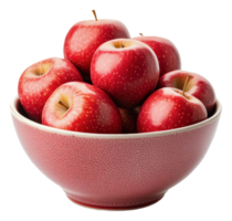 Fresh red apples in a decorative bowl on display, cut out - stock . png