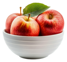 Fresh red apples in a white bowl with a leaf, cut out - stock . png