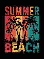 A colorful, retro-style design featuring SUMMER BEACH with palm trees and a sunset background vector