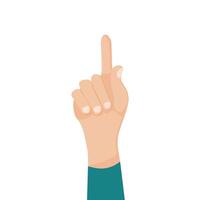 Human hand gesturing with with raised index finger. gesture comments, attention, illustration isolated on white background, flat design.Hand count sign one finger. vector