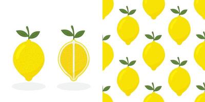 Fresh lemon fruits, collection of illustrations.Tropical seamless pattern with yellow lemons. Fruit repeated background. bright print for fabric or wallpaper vector