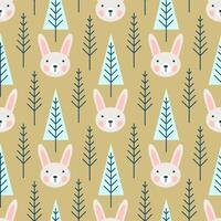 Cute hand drawn nursery seamless pattern with wild animals hare and trees in scandinavian style. vector