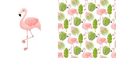 Pink flamingo illustration isolated on white background. Beautiful seamless floral summer pattern background with tropical palm leaves, flamingo, hibiscus. vector