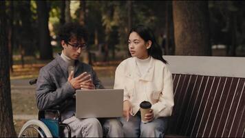 Young freelancers working on laptop in park video