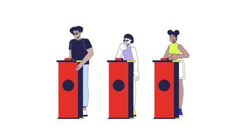 Quiz show participants standing behind buzzer podiums 2D characters animation. Gameshow cartoon 4K , alpha channel. Trivia game contestants multicultural animated people on white background video