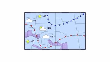 Forecast weather map 2D object animation. Reporting weather conditions cartoon 4K , alpha channel. Meteorology predicting precipitation, temperature animated flat item on white background video