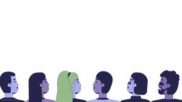 Audience group of people multicultural cartoon animation. Auditorium row 4K 2D motion graphic. Watching back view spectators viewers animated characters overlay on white transparent background video
