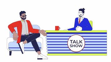 Talk show host interviewing celebrity 2D characters animation. TV interview cartoon 4K , alpha channel. Television program presenter talking to confident man animated people on white background video