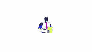 Smiling robot tie checking tablet 2D character animation. Robotics company auditor cartoon 4K , alpha channel. Futuristic humanoid office worker manager animated person on white background video
