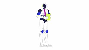 Robot office worker cartoon animation. Futuristic corporate assistant technology 4K motion graphic. Robotics tie employee holding paperwork animated 2D character isolated on white background video