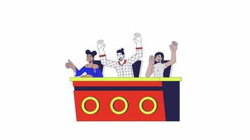 Talent show judges reacting excitedly at panel table 2D characters animation. Contest moderators cartoon 4K , alpha channel. Audition jury diverse adults animated people on white background video