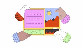 Multiracial hands replacing elements of web site 2D animation. No code development cartoon flat 4K , alpha channel. Designers team making content animated arms isolated on white background video