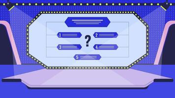 Television game show studio cartoon animation. Two armchairs and screen with multiple-choice questions 4K 2D motion graphic. Quiz competition animated backdrop on trivia contest room background video