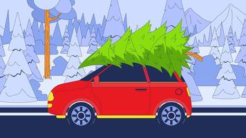 Carrying Christmas tree on car cartoon animation. Evergreen auto riding through winter woods 4K 2D motion graphic. Transporting fir spruce on automobile roof animated object on forest background video