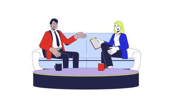 Female interviewer conducting interview job candidate 2D characters animation. Recruitment cartoon 4K , alpha channel. Woman interviewing indian man on couch animated people on white background video