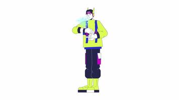 Hologram wrist watch futuristic man cartoon animation. Holographic technology 4K motion graphic. Futurism techwear asian guy using wristwatch animated 2D character isolated on white background video