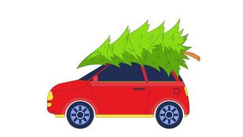 Riding car with Christmas tree on roof 2D object animation. Evergreen coniferous pine tied to vehicle cartoon 4K , alpha channel. Automobile xmas tree animated flat item on white background video