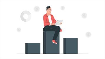 A man sitting on top of a bar chart with money coming out of it video