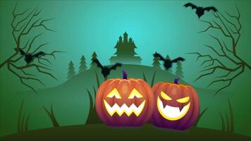 Halloween pumpkins with bats and castle in background video