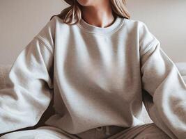 Plain Sweatshirt Mockup Model Cozy Minimalistic Setting Clean Blank Surface Custom Design Casual Pose Relaxed Fit Comfortable Man Women photo