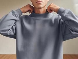 Plain Sweatshirt Mockup Model Cozy Minimalistic Setting Clean Blank Surface Custom Design Casual Pose Relaxed Fit Comfortable Man Women photo