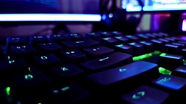 A computer keyboard with glowing green keys photo