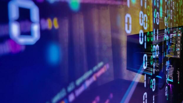 software, codificación holograma y mujer en tableta pensando de datos analítica, digital tecnología y noche cubrir. programador o eso persona en lentes en 3d pantalla, programación y la seguridad cibernética investigación foto