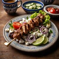 Grilled Skewers Souvlaki Plate of Food Menu photo