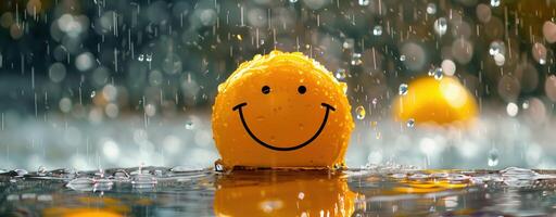 Yellow happy emoticon ball in heavy rain with water droplets, cheerful positivity and happiness photo