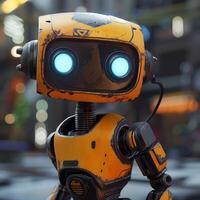 Small cute robot cartoon character with metallic design. orange humanoid robot. digital art photo
