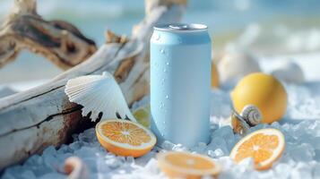 Refreshing blue can with ice, seashells, citrus, serene beach background. Summer beverage concept. photo
