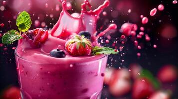 Vibrant berry smoothie splash. Dynamic food macro, perfect for poster promotion. photo