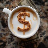 Latte art with dollar sign symbol in cinnamon on frothy milk. Coffee cup with financial success concept photo