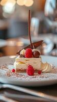 Delicious cheesecake topped with chocolate, cream, and raspberry, perfect for luxury dining settings photo