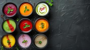 Assortment of colored vegetable cream soups. Dietary food. On a black stone background. Top view photo
