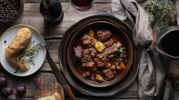 Hearty beef stew on rustic table. Fresh ingredients. Home-cooked meal. Tender beef in rich sauce photo