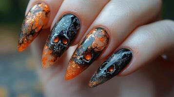 Close-up of long, pointed Halloween nails with spooky faces in orange and black. Festive nail art photo