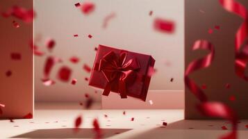 Red gift box with ribbon floating amidst falling confetti. festive celebration atmosphere. surprise photo