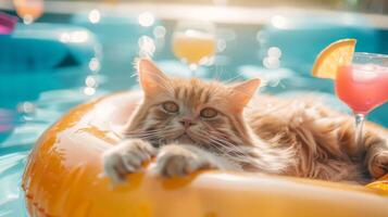 A cat in sunglasses lounges in a pool on an inflatable ring with cocktails, exuding contentment and humor. photo