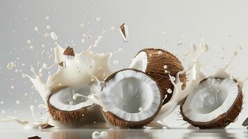 A mouthwatering coconut shake. Coconut slices and splashes of the creamy drink. Design for banners, posts, advertising. photo