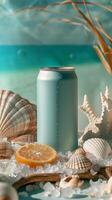 Refreshing blue can with ice, seashells, citrus, serene beach background. Summer beverage concept. photo